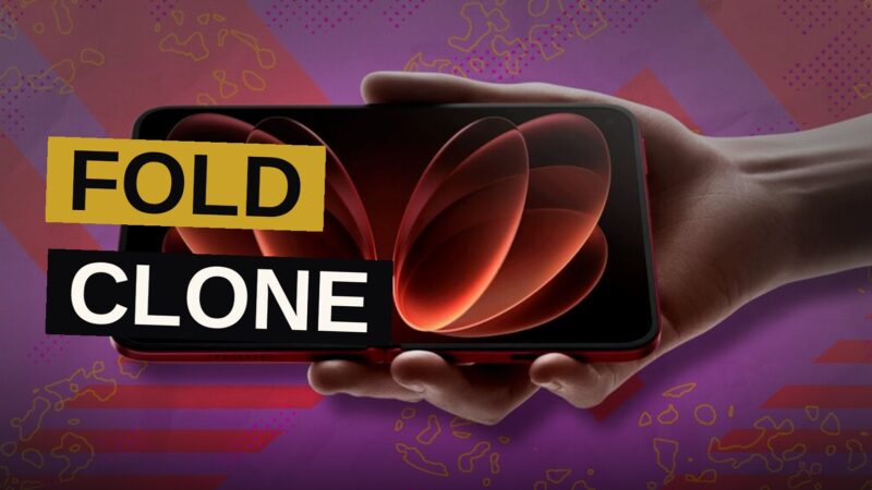 A Xiaomi 18 Fold smartphone partially unfolded, showcasing its rounded-edge design and dual displays.