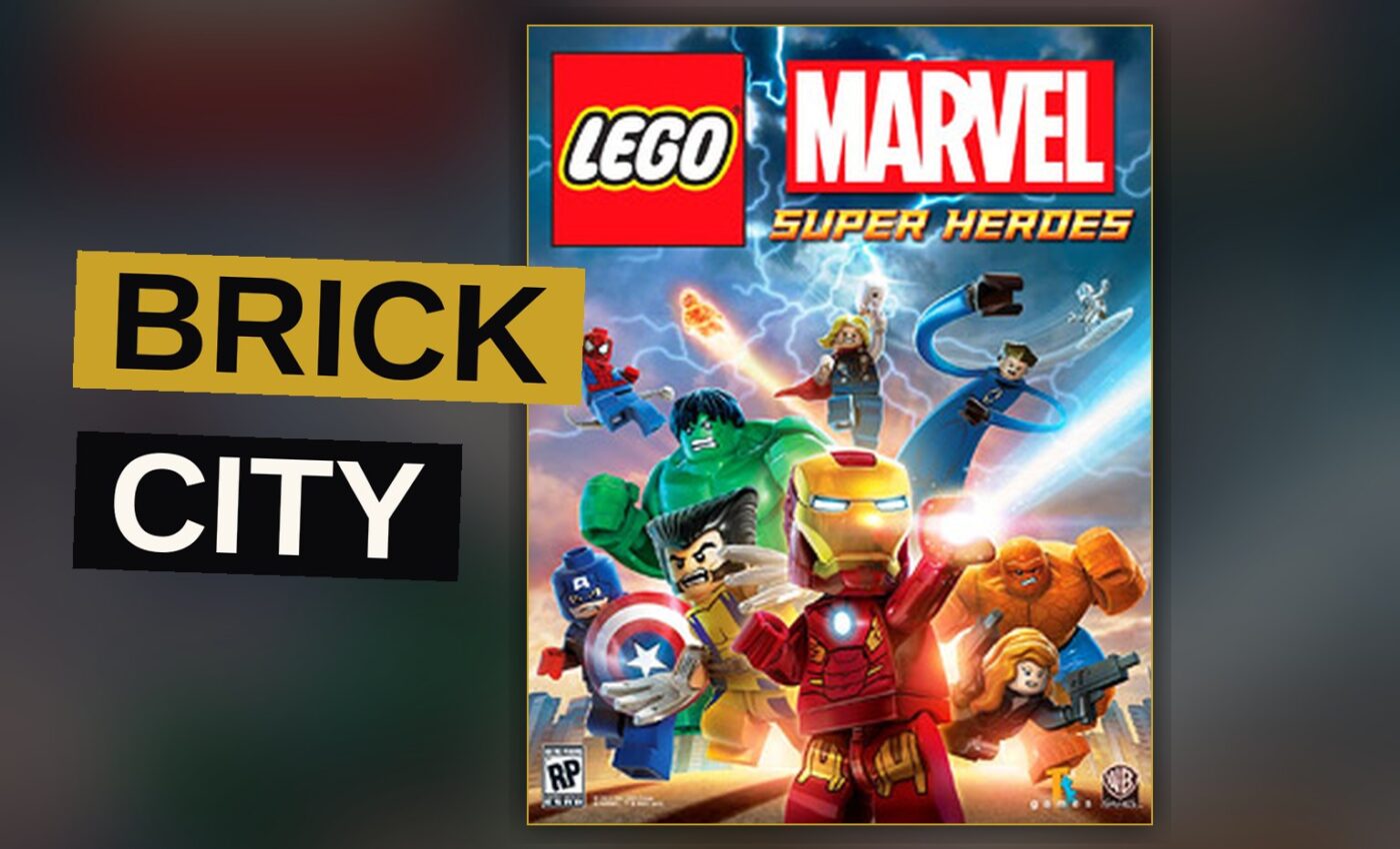 A multitude of heroes, each a tiny brick figure, stand upon the rooftops of a great city.