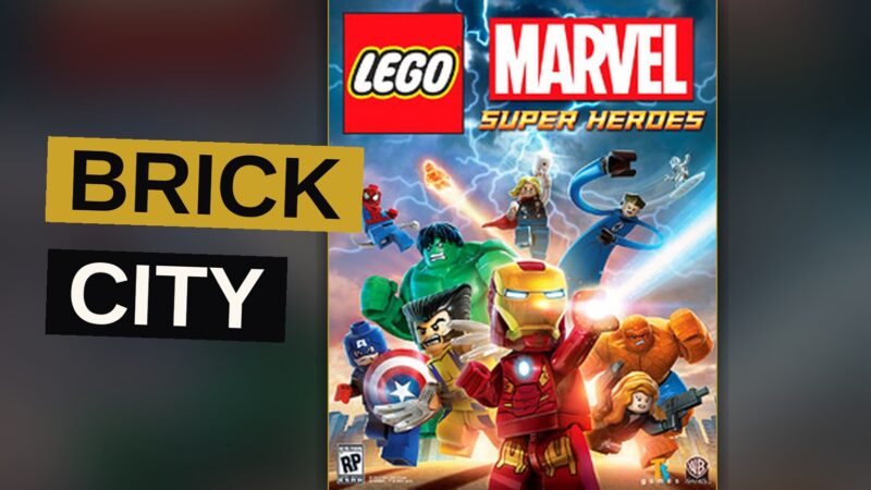 A multitude of heroes, each a tiny brick figure, stand upon the rooftops of a great city.