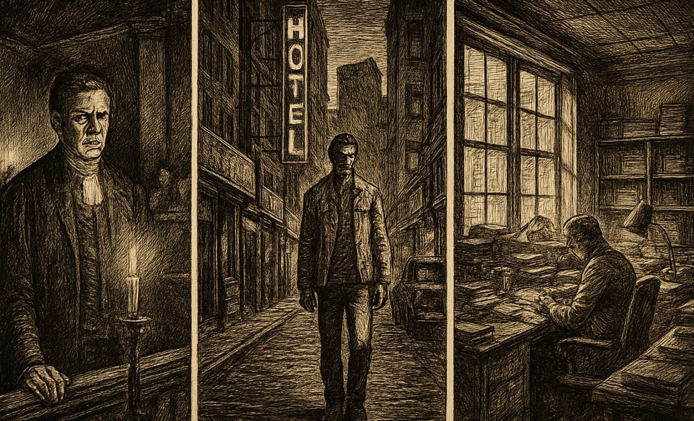 A vision of a solemn lawyer, a determined singer amid the city's shadowed streets, and a troubled editor within his paper's chambers.