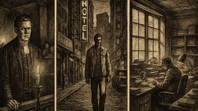 A vision of a solemn lawyer, a determined singer amid the city's shadowed streets, and a troubled editor within his paper's chambers.