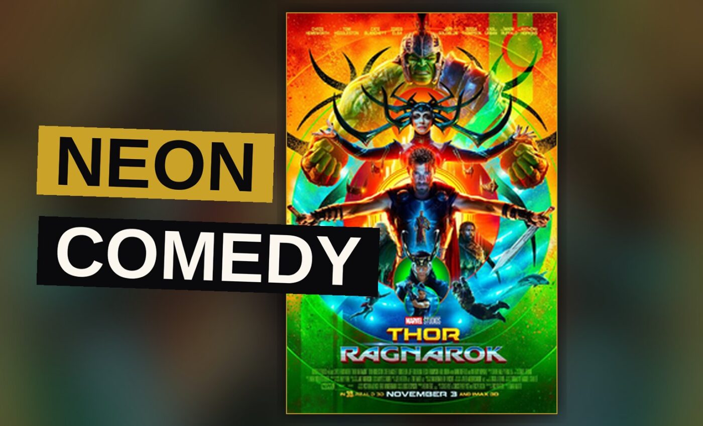 Thor and the Hulk face off in a neon-glowing gladiator arena on Sakaar, with the Grandmaster watching from a throne.