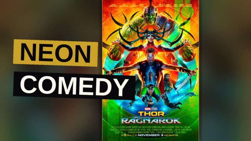 Thor and the Hulk face off in a neon-glowing gladiator arena on Sakaar, with the Grandmaster watching from a throne.