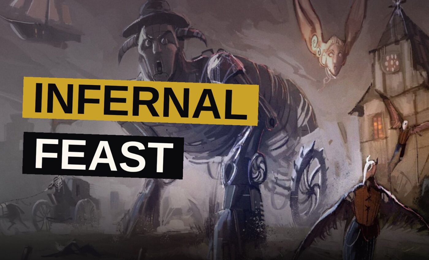 A doomed band of adventurers stands before a terrible, fire-lit dominion of the underworld.