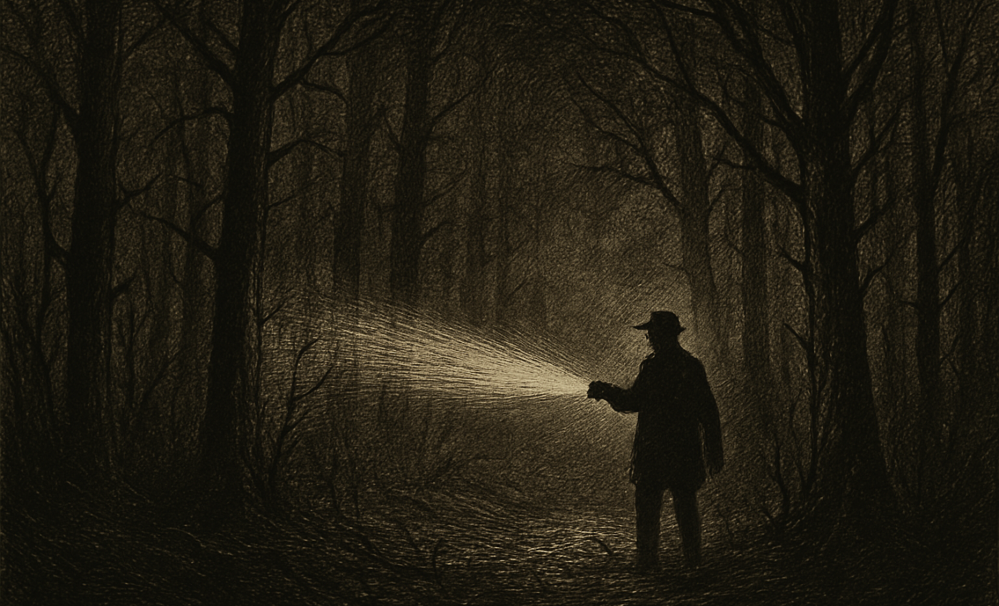 A person stands in a dark forest at night, their flashlight beam illuminating fog and trees, creating an eerie atmosphere.