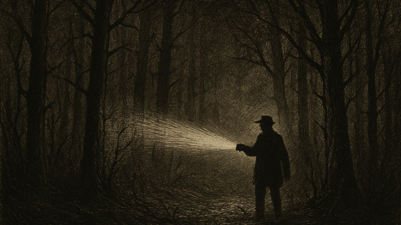 A person stands in a dark forest at night, their flashlight beam illuminating fog and trees, creating an eerie atmosphere.