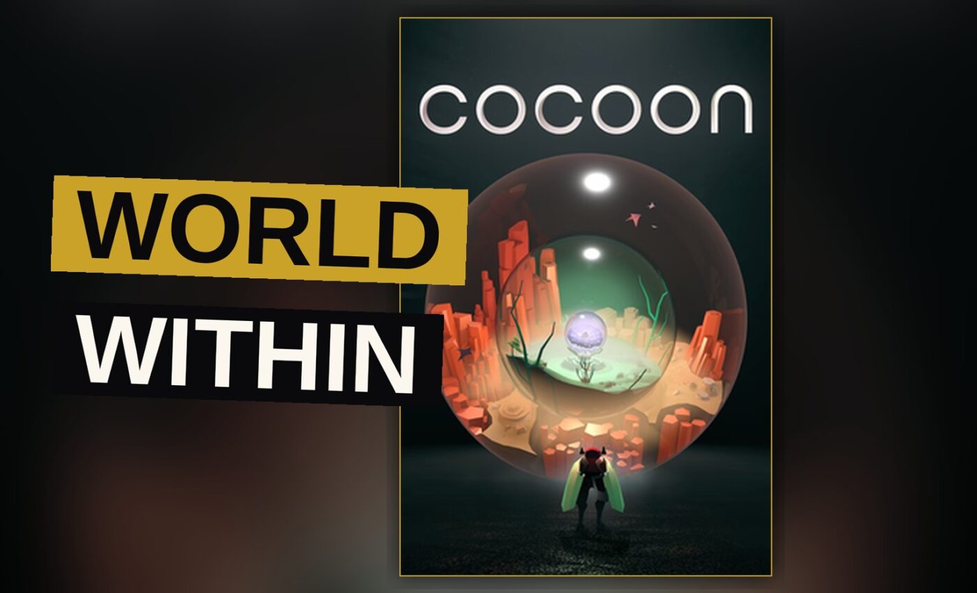 A tiny glowing beetle creature holds a translucent orb containing a miniature alien world.