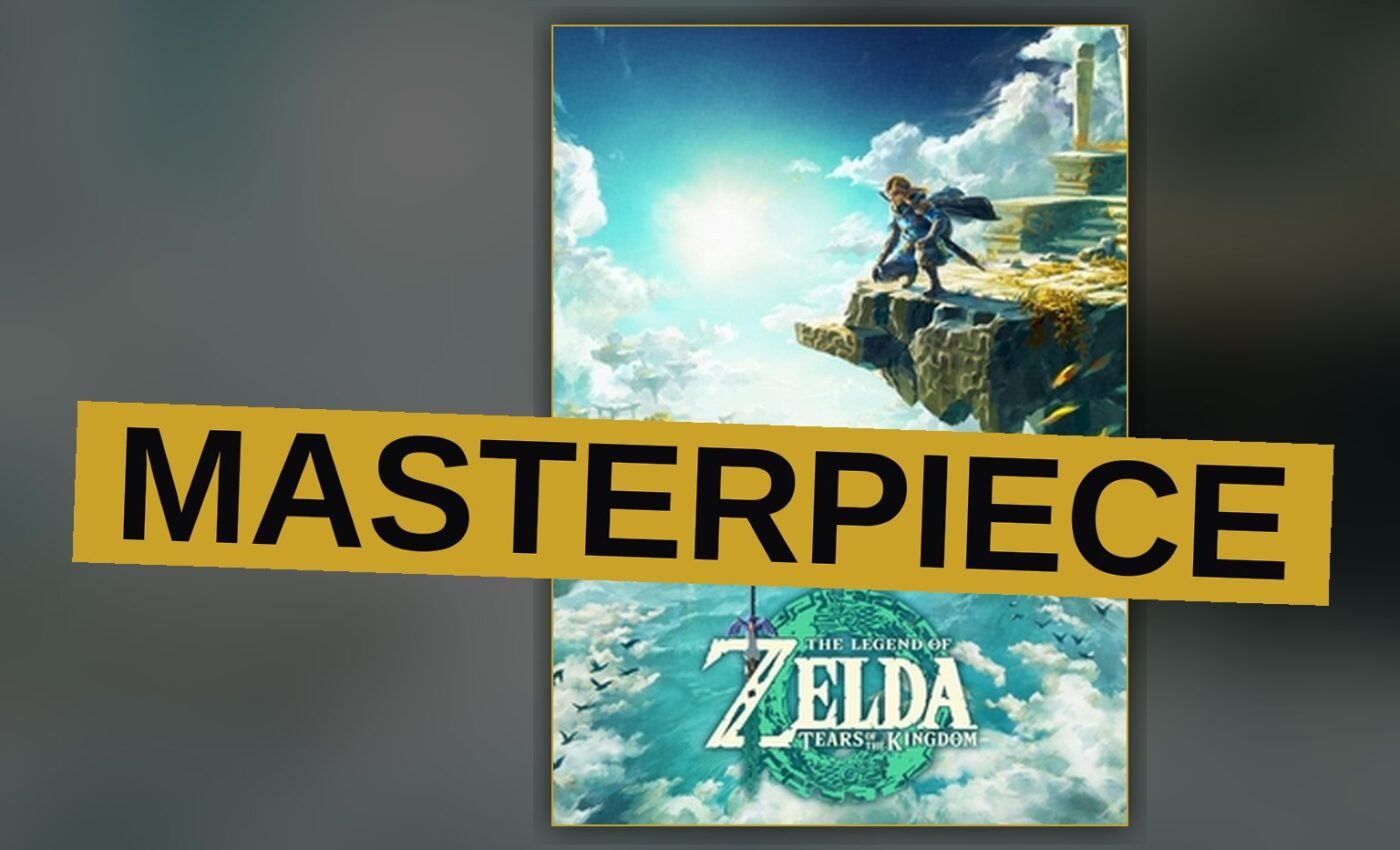 Link stands on a sky island in Tears of the Kingdom, overlooking floating islands and a sunset, with the dark Depths below.