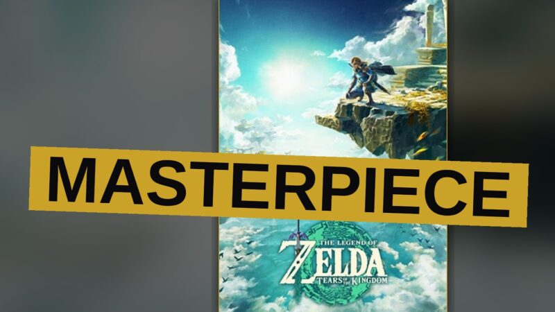 Link stands on a sky island in Tears of the Kingdom, overlooking floating islands and a sunset, with the dark Depths below.