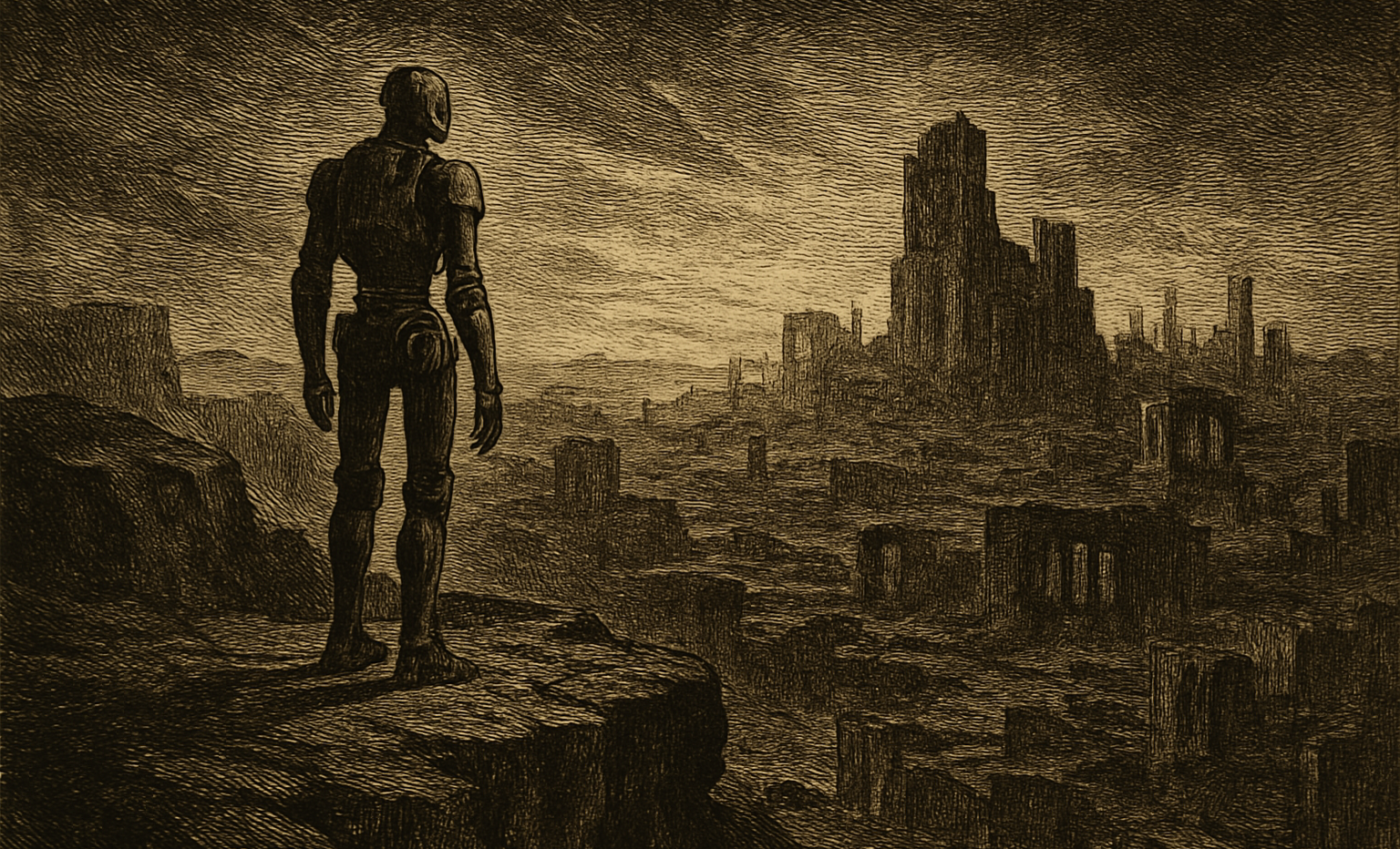 A lone robot gazes over a vast, sunlit ruined city with massive structures on the horizon.