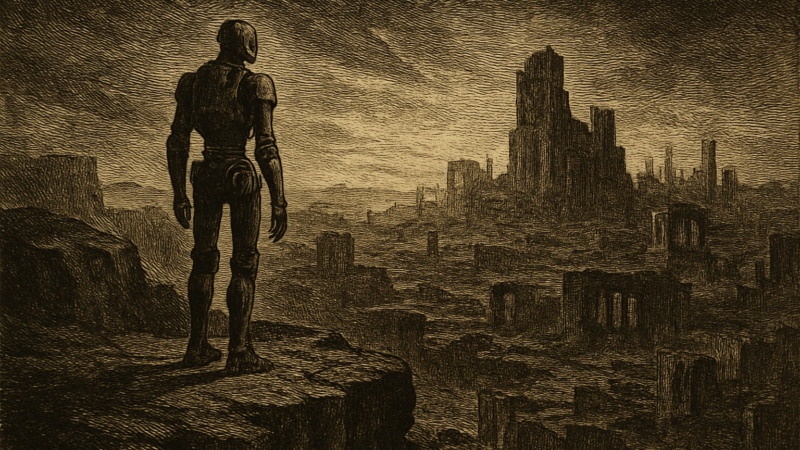 A lone robot gazes over a vast, sunlit ruined city with massive structures on the horizon.