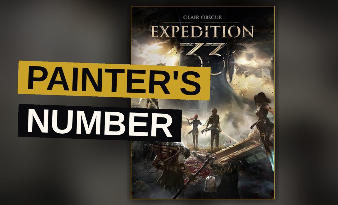 Four wanderers stand before a stone pillar marked with a fatal number, in a city painted from color and dread.