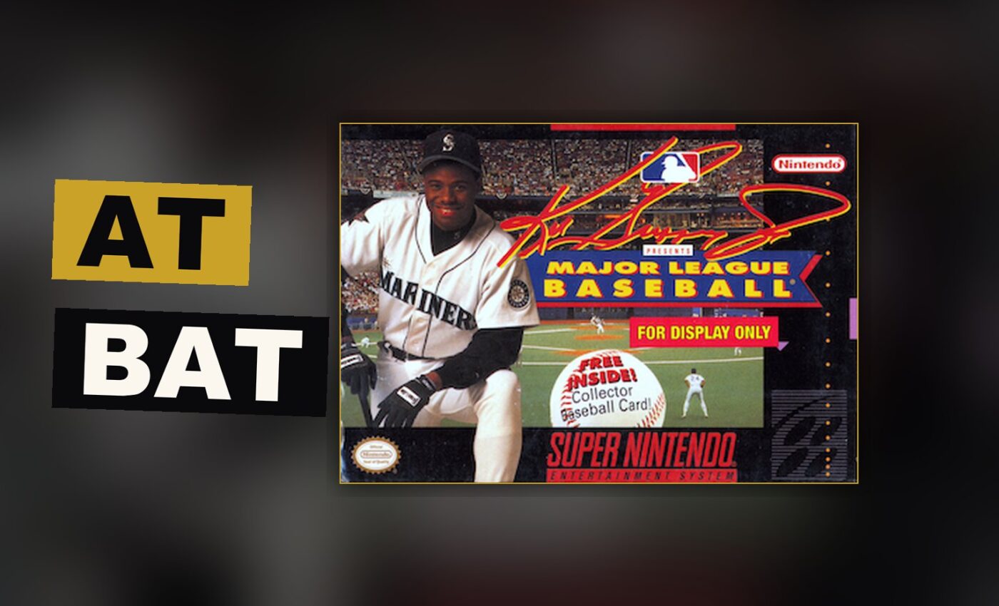A batter stands ready beneath bright lights, the ball rising far above a field alive with the hues of an old console.