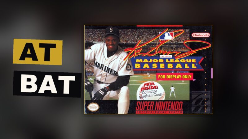 A batter stands ready beneath bright lights, the ball rising far above a field alive with the hues of an old console.