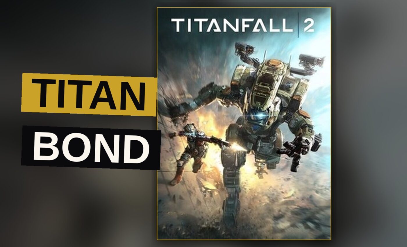 A pilot stands beneath his towering Titan upon a field lit by the dying embers of a distant war.