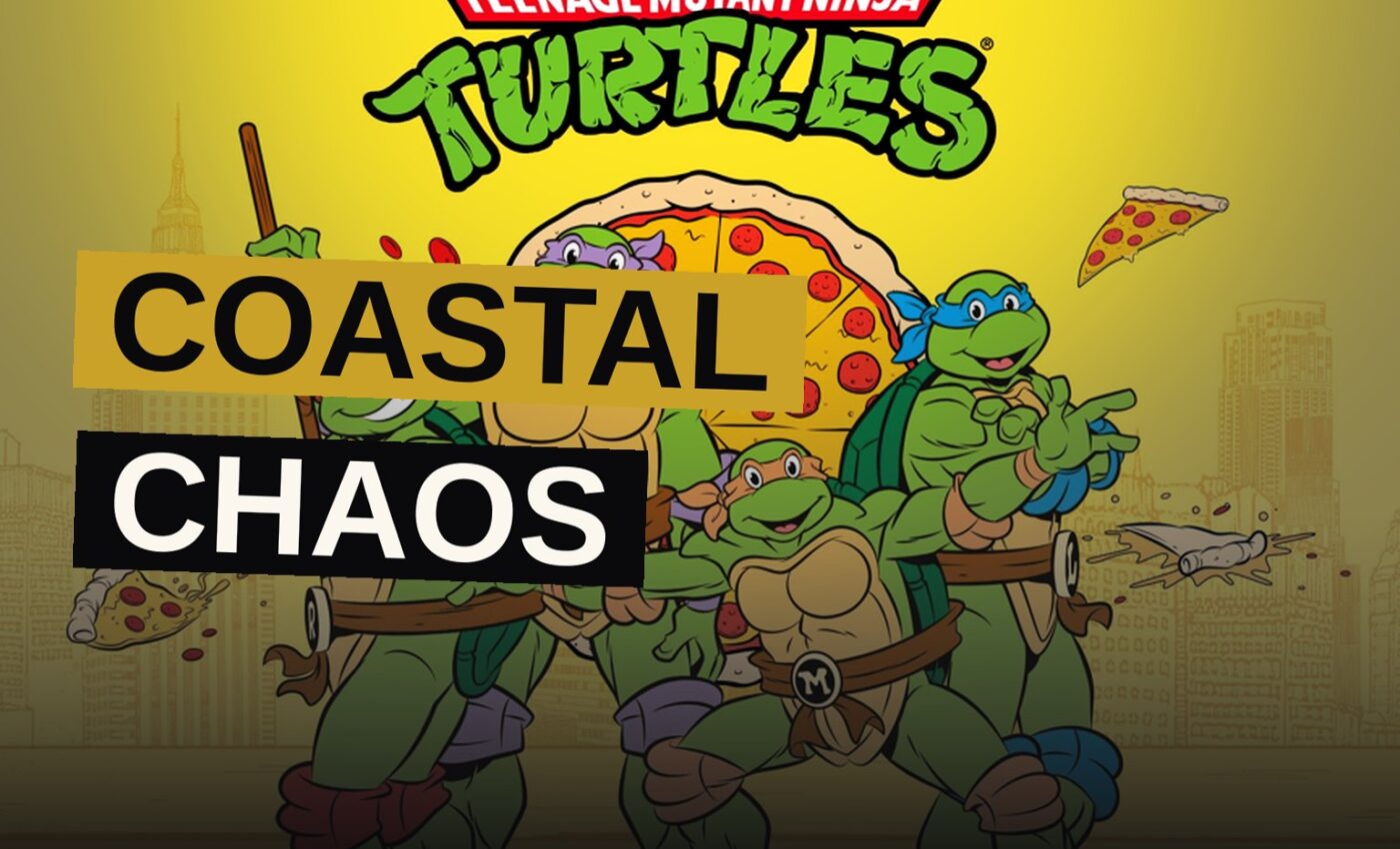 The four Teenage Mutant Ninja Turtles react on a beach as a mutant shark with arms emerges from the water.