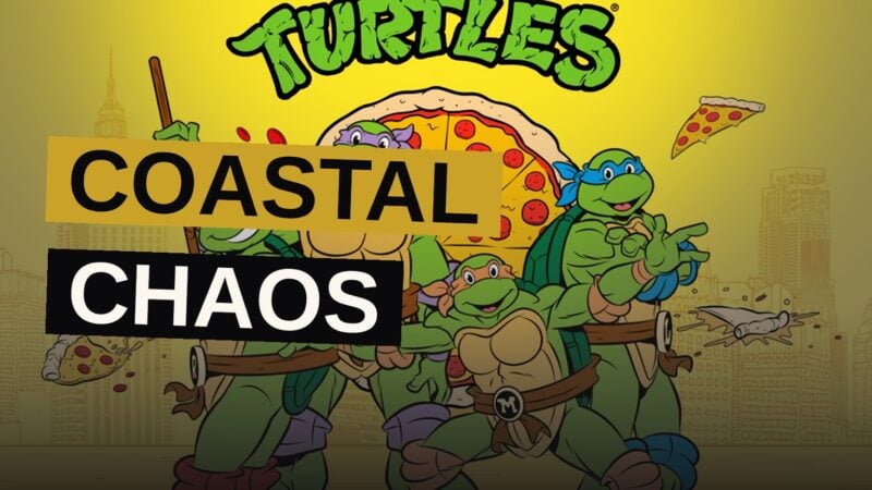 The four Teenage Mutant Ninja Turtles react on a beach as a mutant shark with arms emerges from the water.