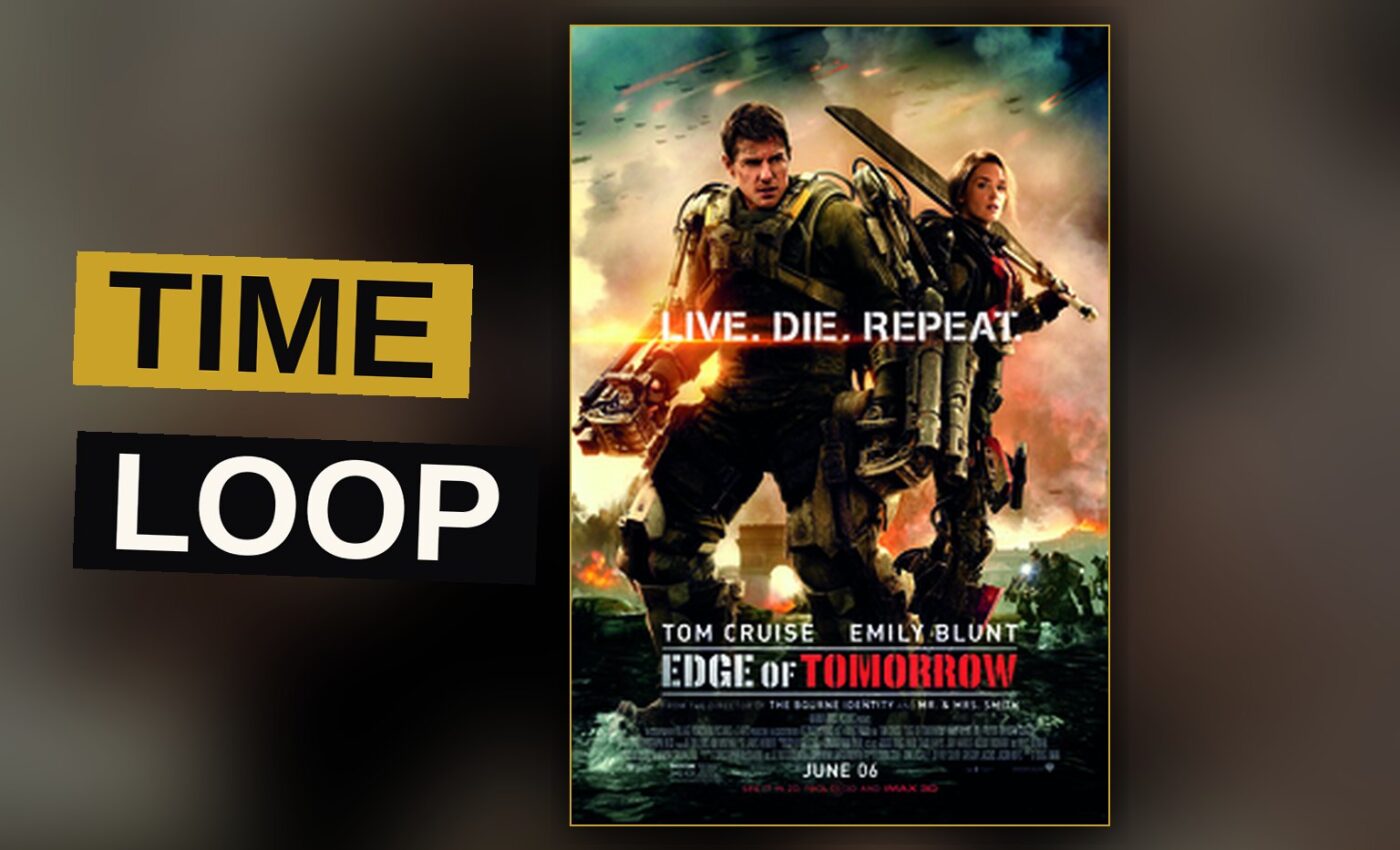A soldier stands amid alien foes upon a wet battlefield, trapped within an endless and terrible loop.