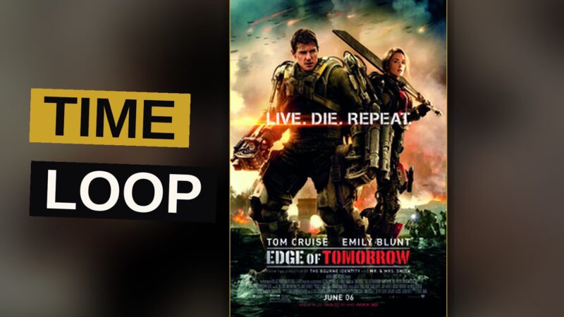 A soldier stands amid alien foes upon a wet battlefield, trapped within an endless and terrible loop.