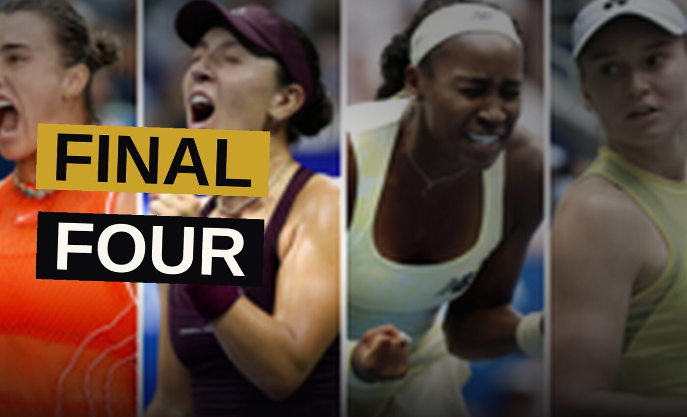 Four women's tennis players stand on a floodlit court under night sky, with a packed stadium in the background.