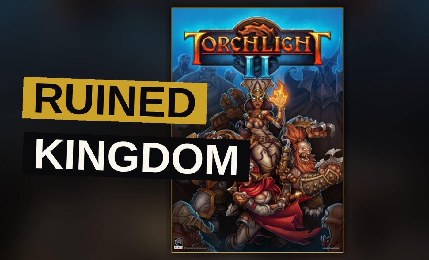 A warrior stands before a ruined castle amid a vast ruined kingdom, torchlight illuminating the scene.