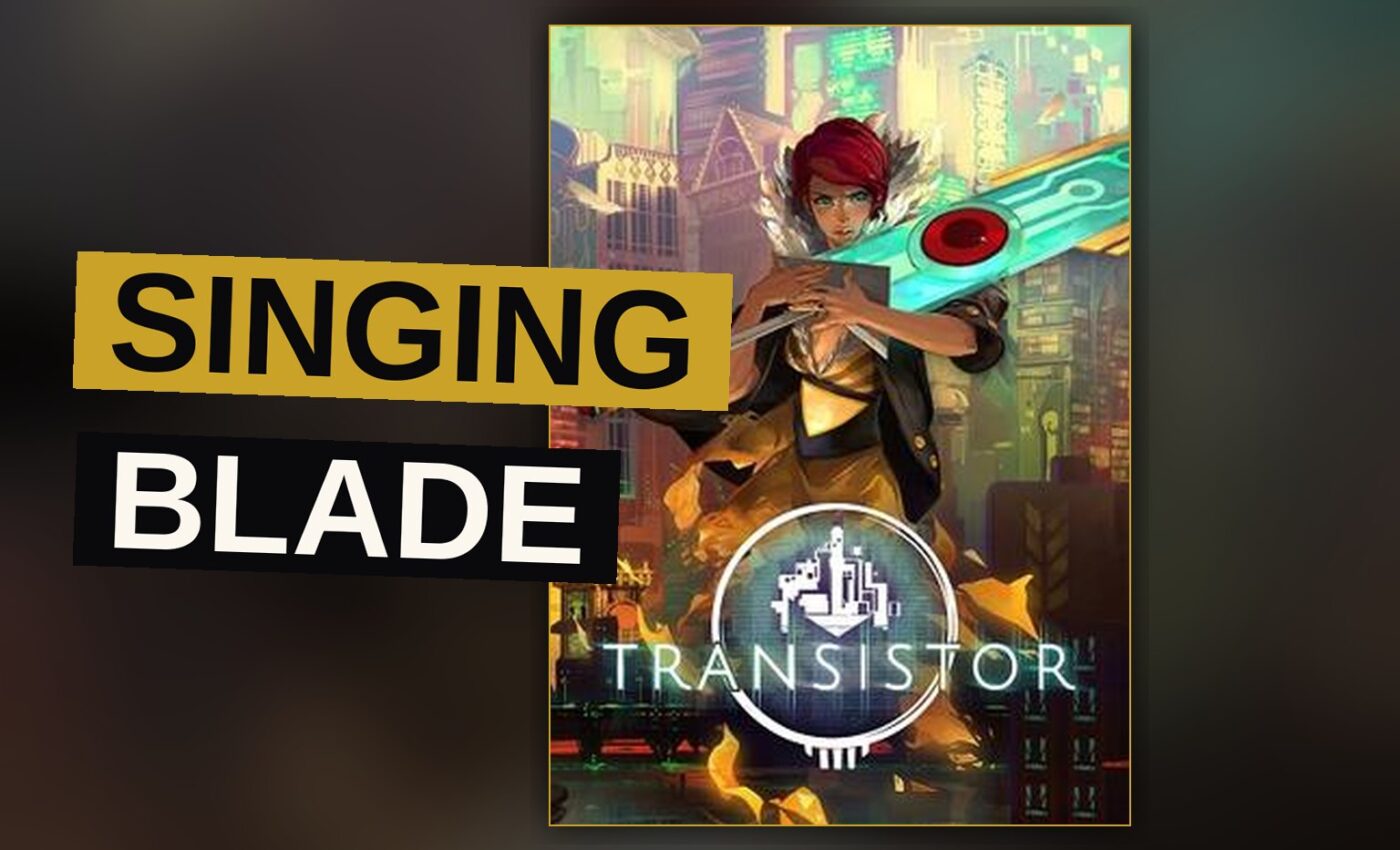 A singing blade glows amid a ruined city's wreckage.