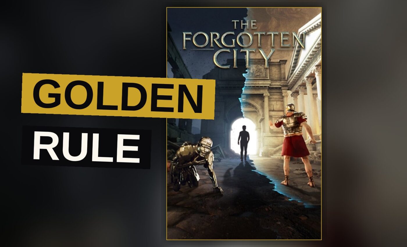 A citizen of the ancient city stands frozen, turning to gold, beneath the watchful eye of a magistrate.