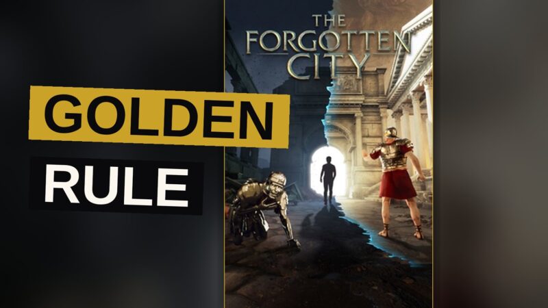 A citizen of the ancient city stands frozen, turning to gold, beneath the watchful eye of a magistrate.