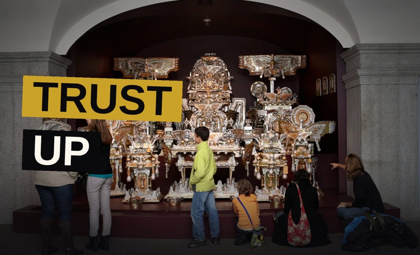Illustration of a museum with an upward arrow and diverse people, symbolizing growing trust.