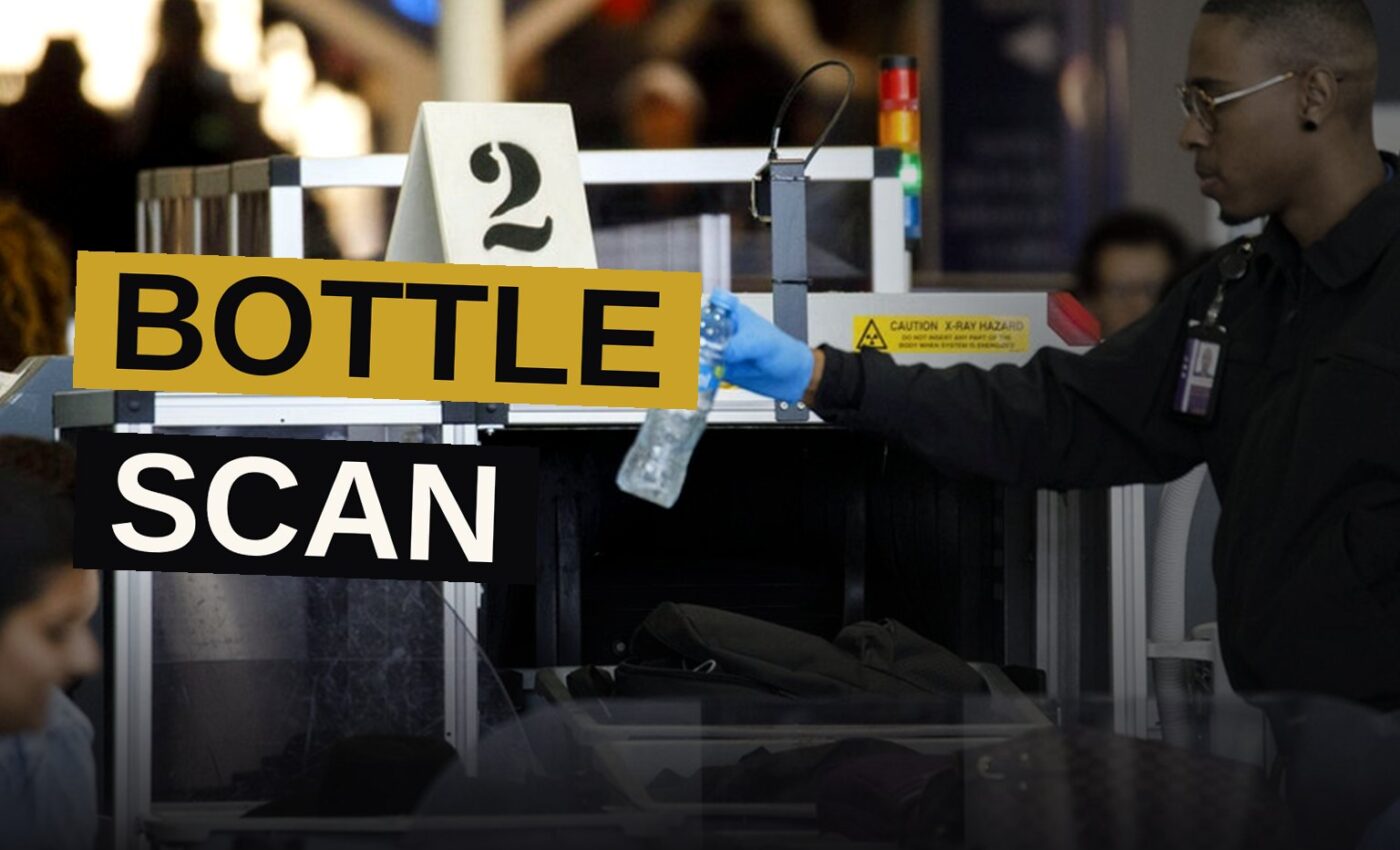 A traveler places a clear water bottle into a security bin at a modern airport checkpoint with a CT scanner screen showing a liquid scan.