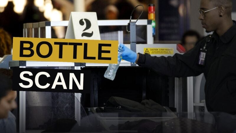 A traveler places a clear water bottle into a security bin at a modern airport checkpoint with a CT scanner screen showing a liquid scan.