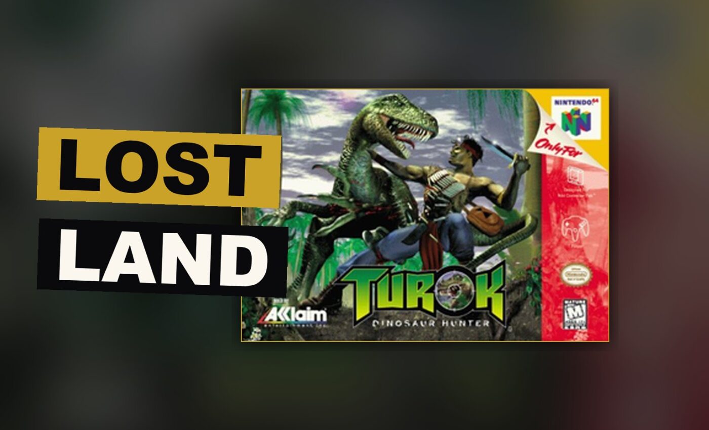 A hunter stands before a great beast amid ruin and thick green cover in the Lost Land.