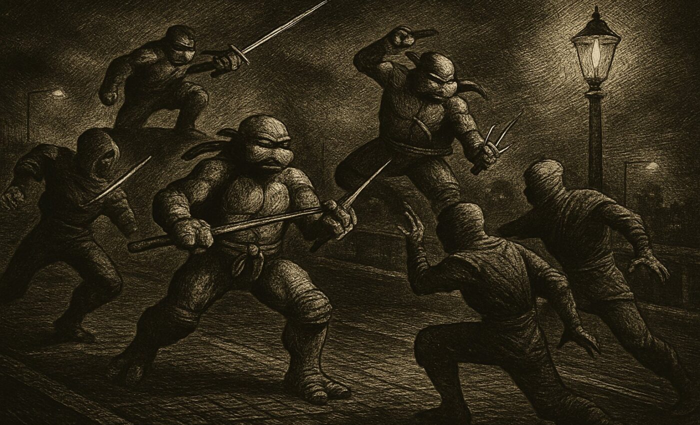 A turtle, blade in hand, battles a host of foot soldiers upon a perilous highway.