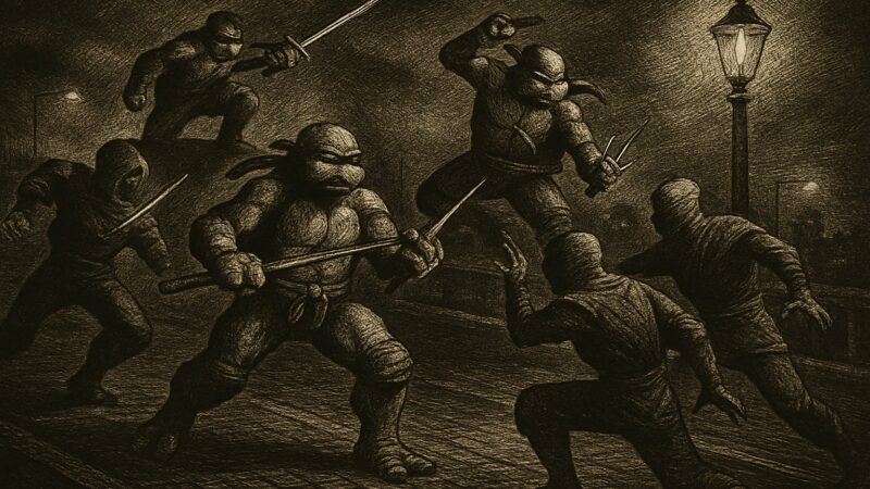 A turtle, blade in hand, battles a host of foot soldiers upon a perilous highway.