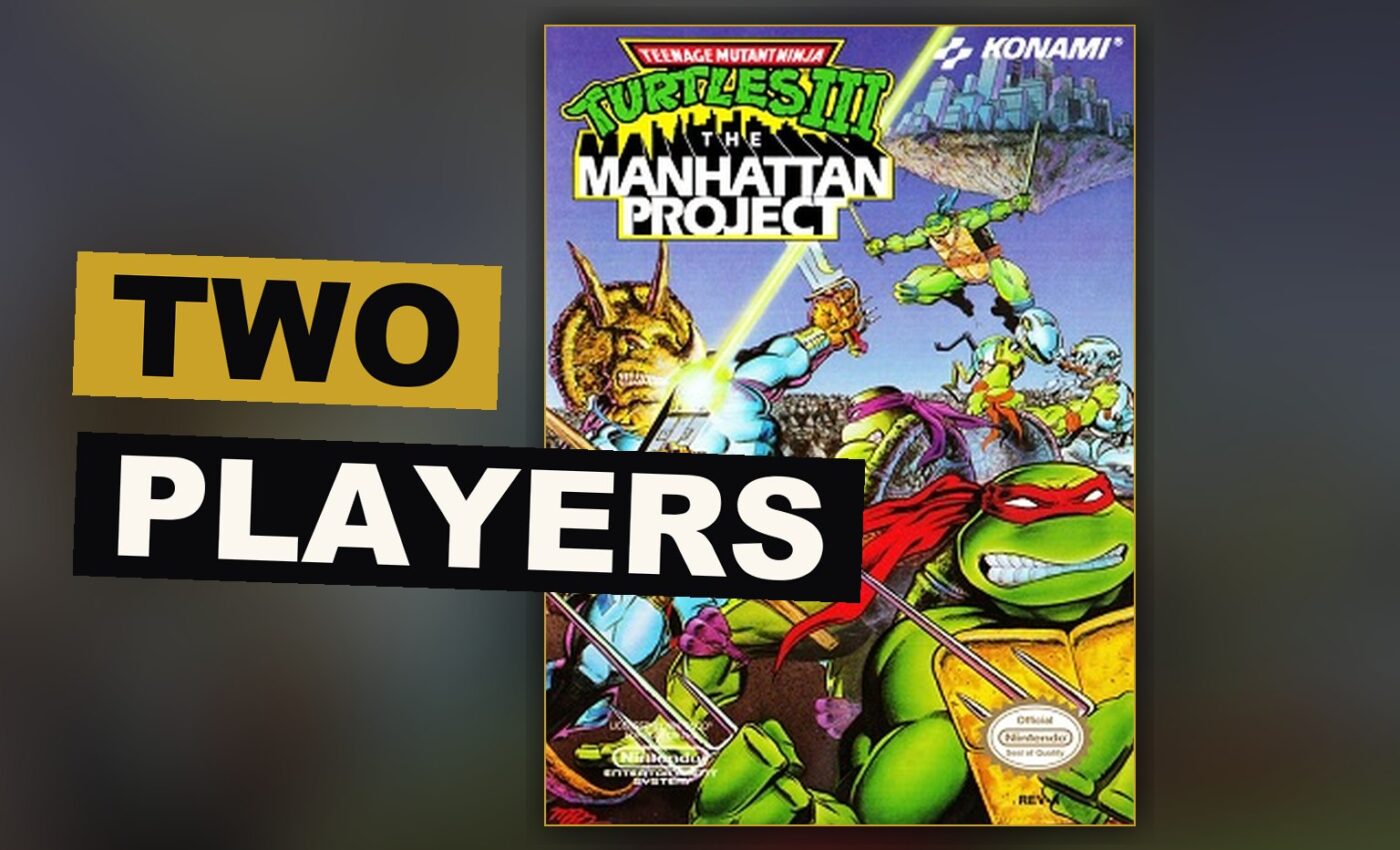 Four turtles, each bearing a different item, stand ready amid a mass of foot soldiers upon a high place of Manhattan.