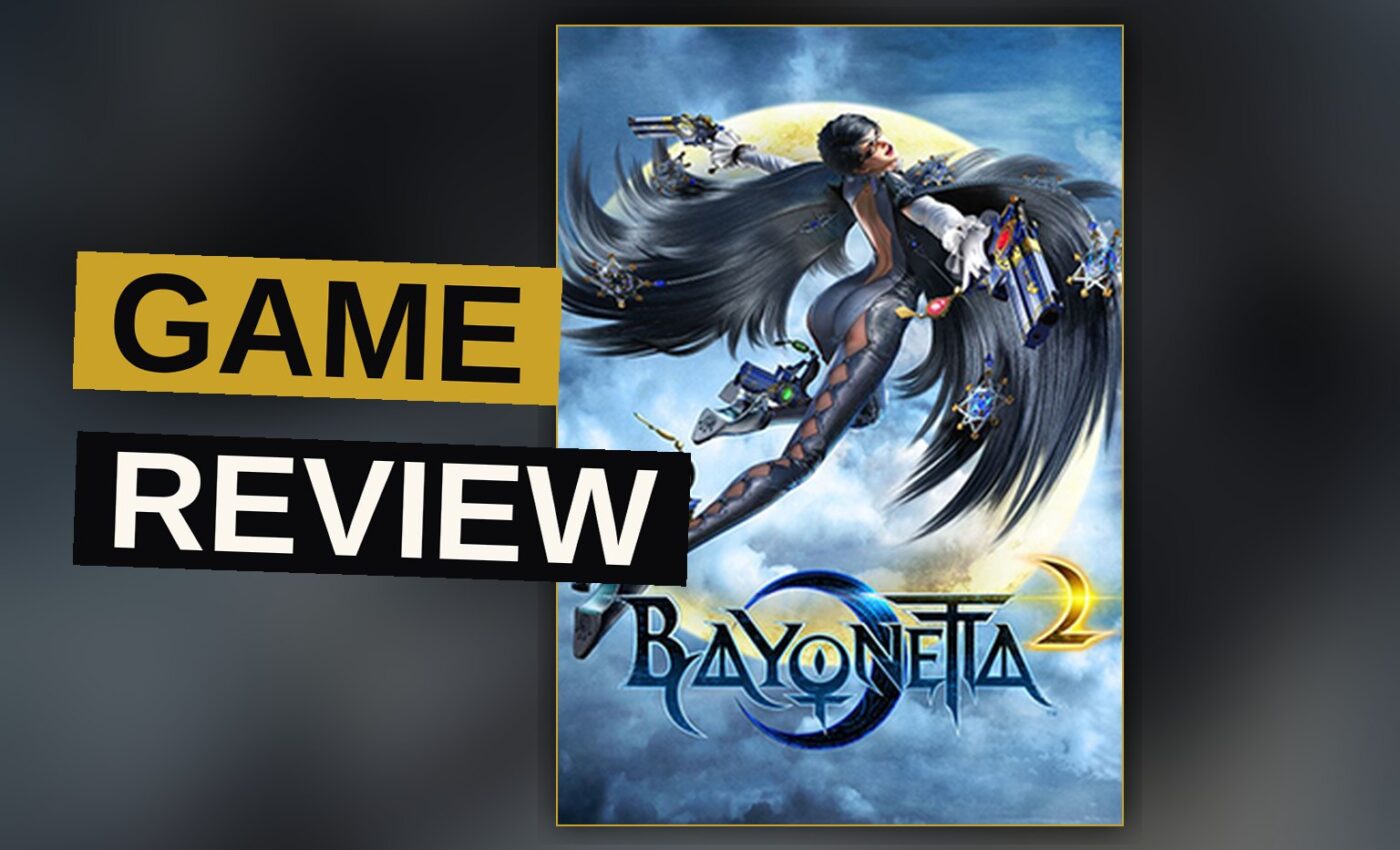 Bayonetta performs an acrobatic gun attack on a giant angel in a glowing blue slow-motion effect.