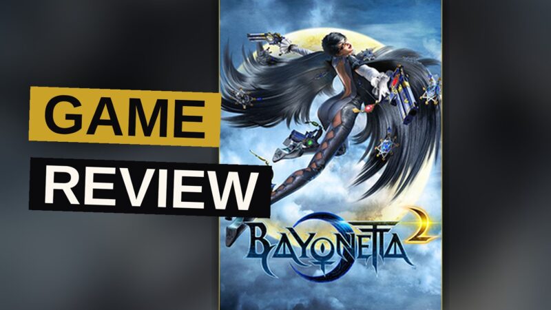 Bayonetta performs an acrobatic gun attack on a giant angel in a glowing blue slow-motion effect.