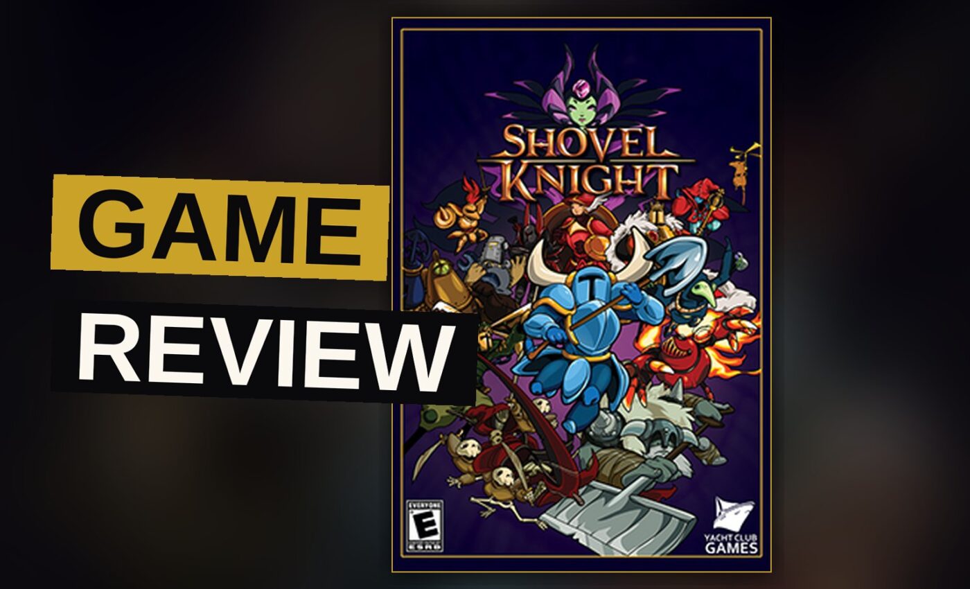 Pixel art of Shovel Knight in blue armor bouncing off an enemy with his shovel in a torch-lit castle corridor.