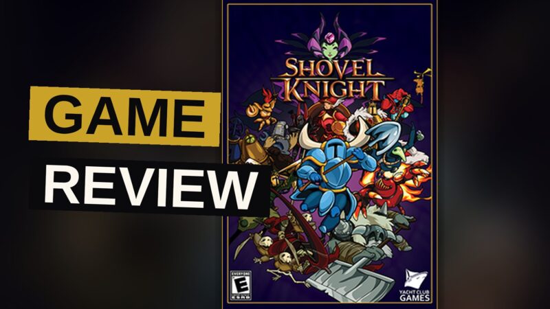 Pixel art of Shovel Knight in blue armor bouncing off an enemy with his shovel in a torch-lit castle corridor.