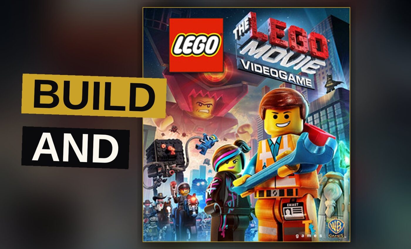 A tiny LEGO builder runs through a colorful brick city filled with vehicles and structures.