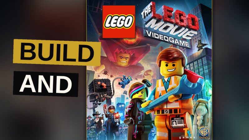 A tiny LEGO builder runs through a colorful brick city filled with vehicles and structures.