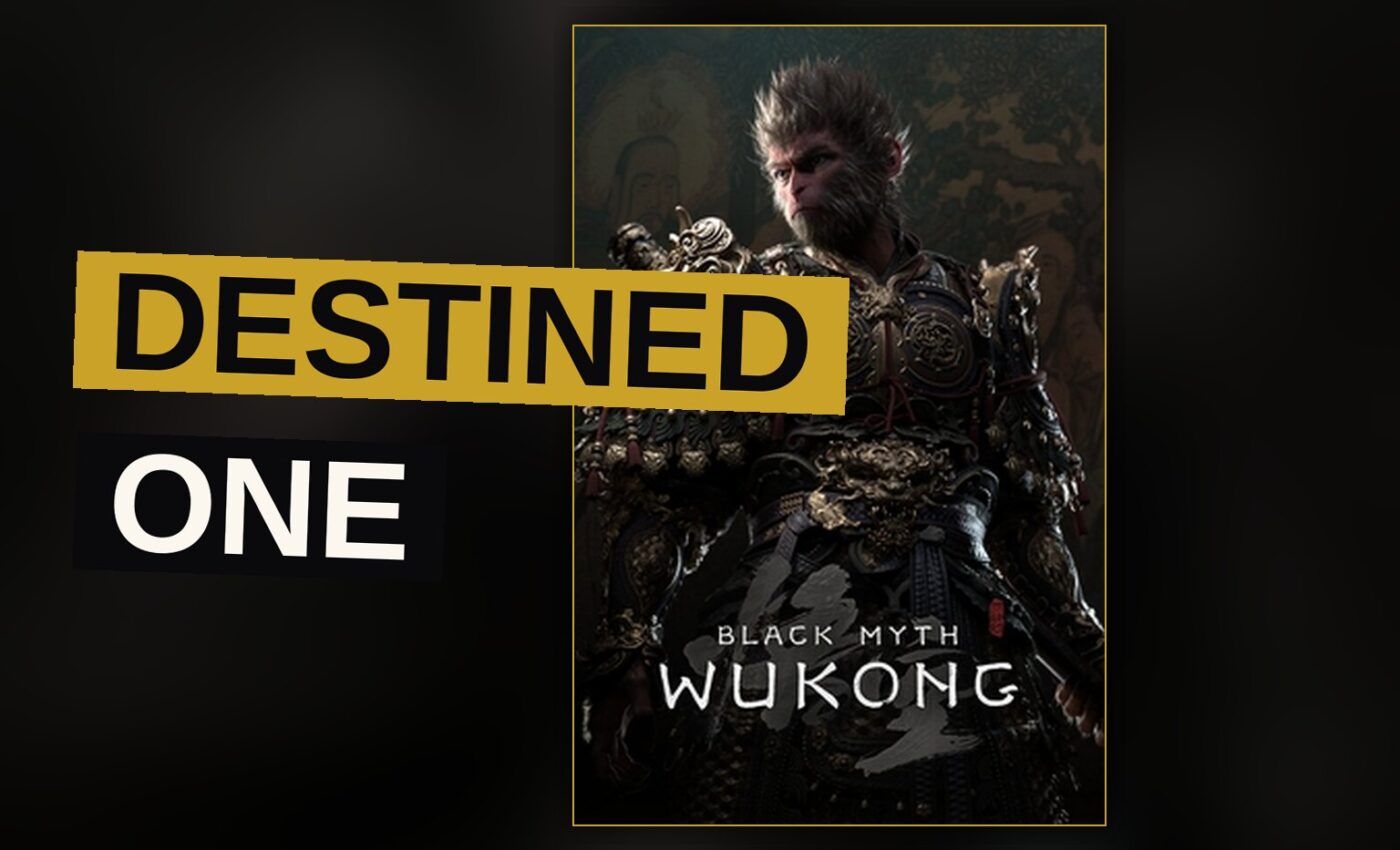 The Destined One raises his staff before a monstrous guardian amid a crumbling, mist-veiled temple.