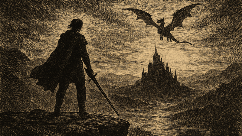 A warrior stands on a cliff overlooking a fantasy kingdom with a dragon in the sky at sunset.