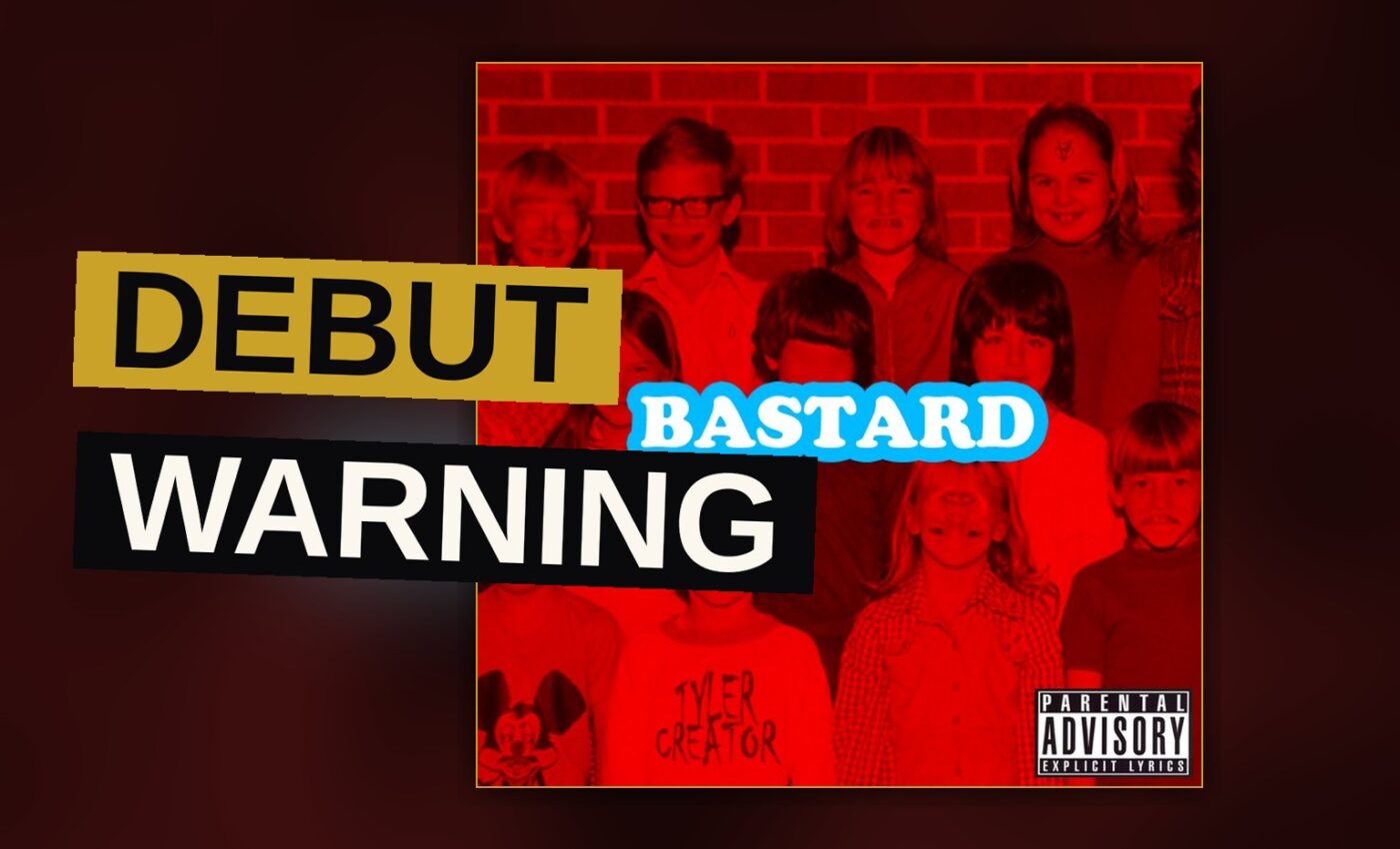 A rapper stands in red light amid shadowy figures, conveying raw confrontation.