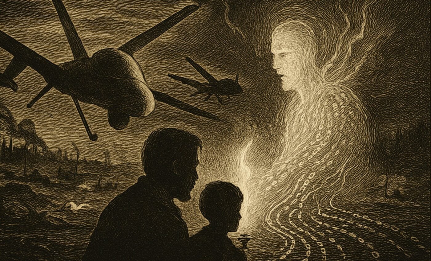 A dim battlefield where ghostly drones give way to streams of light, while a father and son stand listening to a voice not their own.