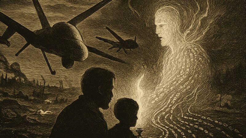 A dim battlefield where ghostly drones give way to streams of light, while a father and son stand listening to a voice not their own.