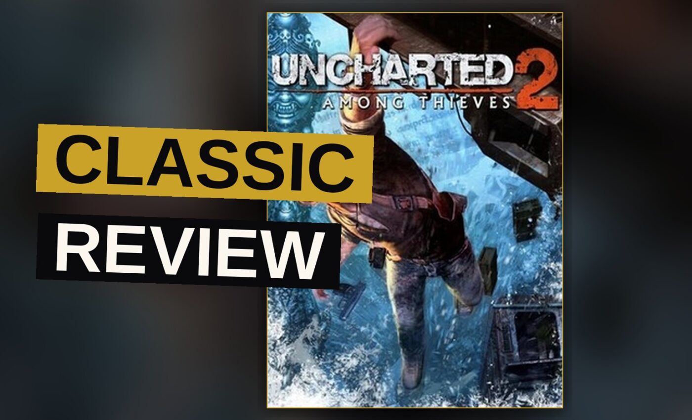 Nathan Drake clings to a derailed train carriage hanging over a snowy cliff in the Himalayas.