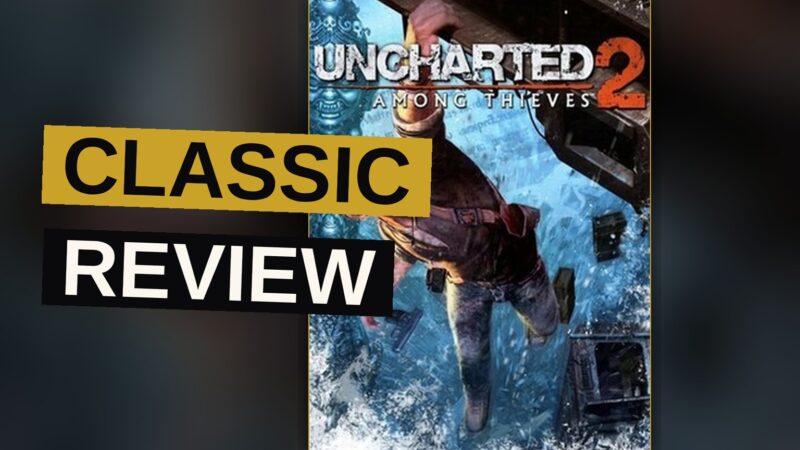 Nathan Drake clings to a derailed train carriage hanging over a snowy cliff in the Himalayas.