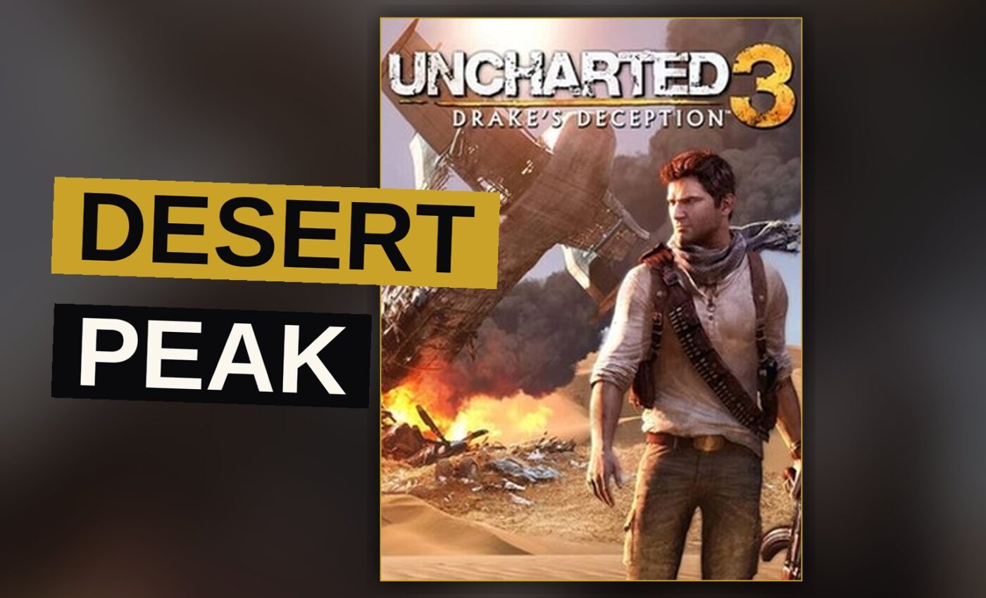 Nathan Drake walks alone across a vast desert under a blazing sun, a tiny figure in an endless landscape.