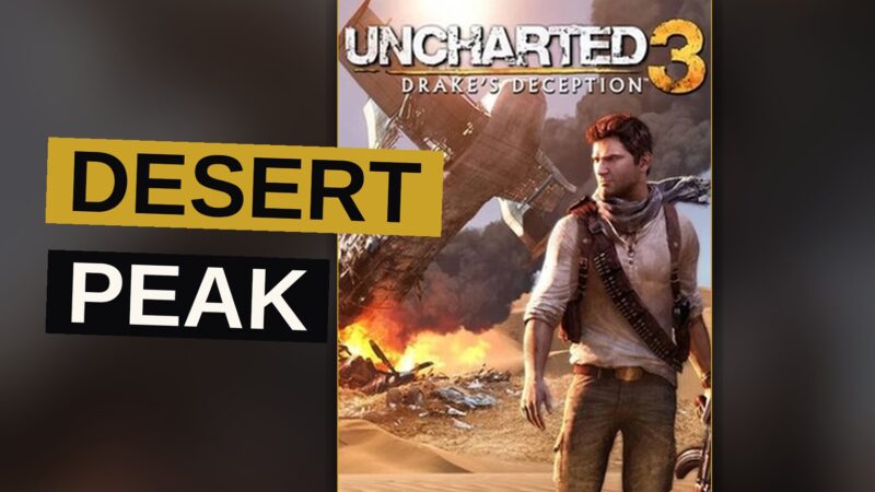 Nathan Drake walks alone across a vast desert under a blazing sun, a tiny figure in an endless landscape.
